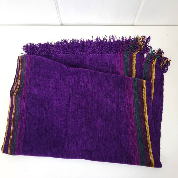 Handwoven Artisan Purple Chenille Poncho With Fringe Trim & Multicolor Stripes - Picture 6 of 8